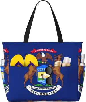 Michigan State Flag Beach Tote Bags For Women Travel Totes Bag Handbag With Zipper And Pockets For Travel Vacation