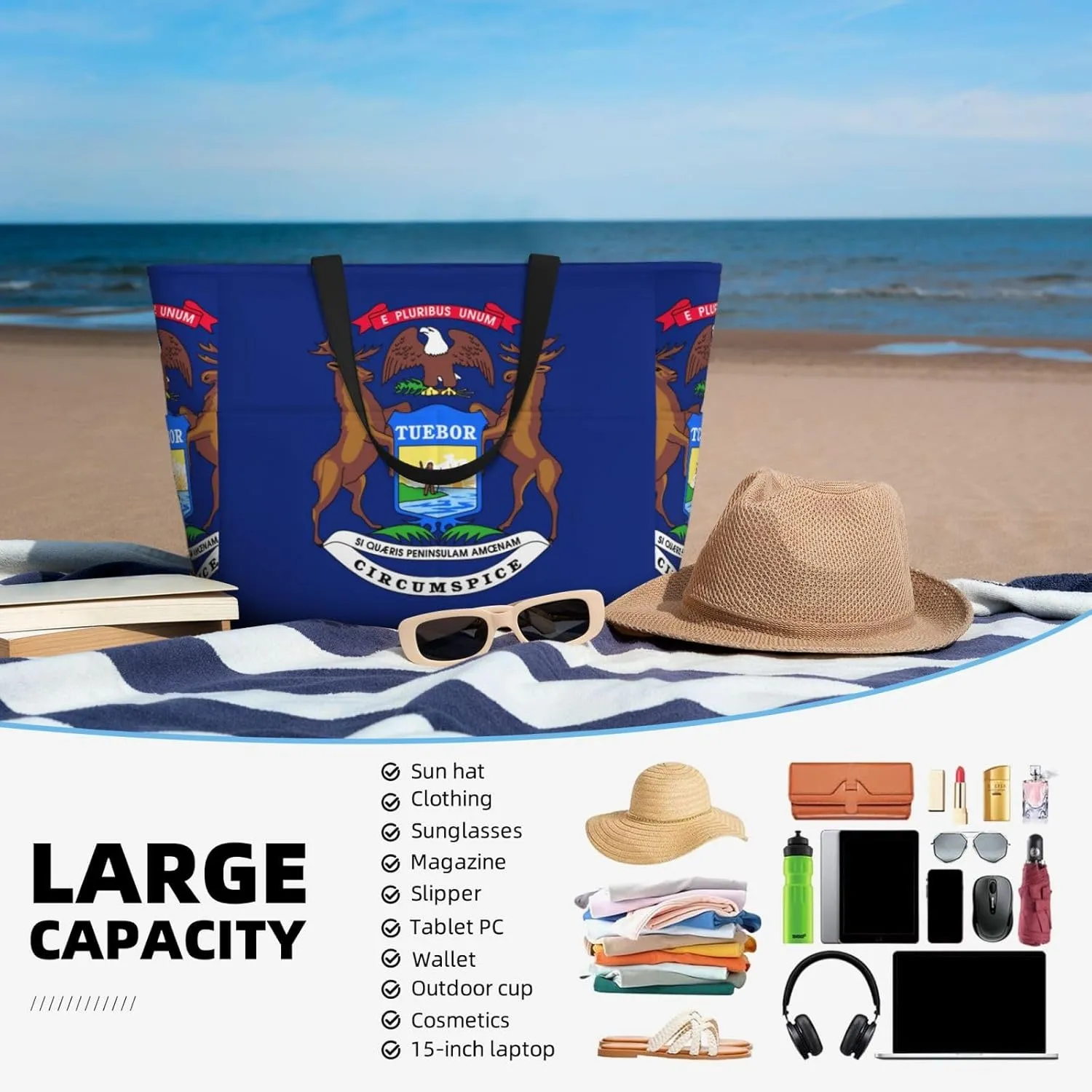 Michigan State Flag Beach Tote Bags For Women Travel Totes Bag Handbag With Zipper And Pockets For Travel Vacation