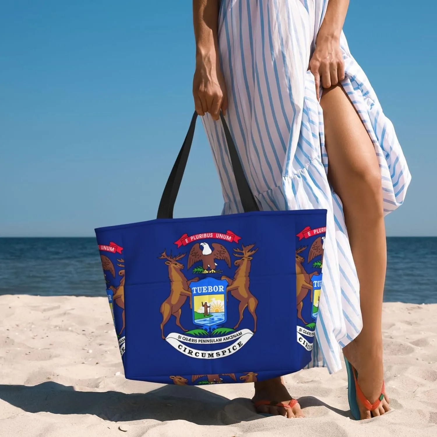 Michigan State Flag Beach Tote Bags For Women Travel Totes Bag Handbag With Zipper And Pockets For Travel Vacation