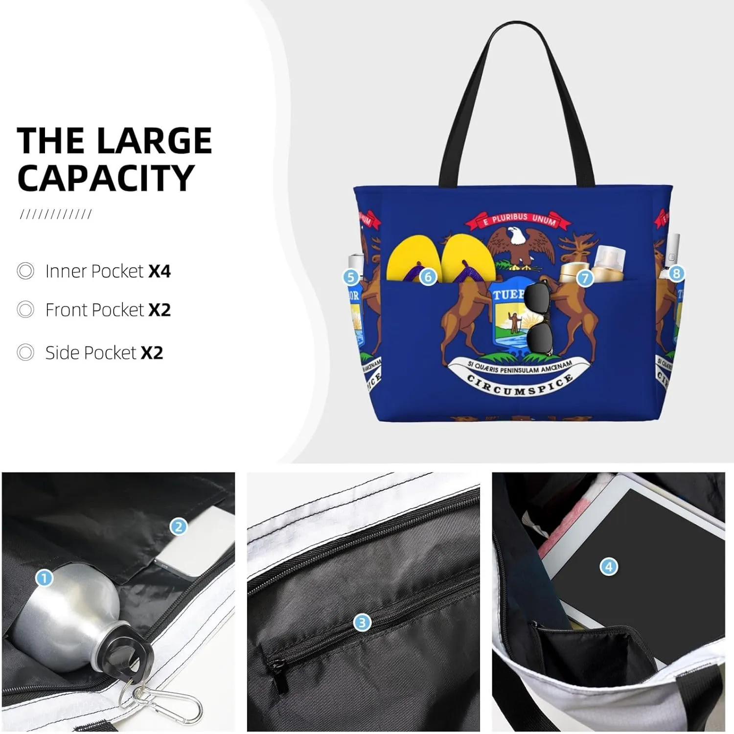 Michigan State Flag Beach Tote Bags For Women Travel Totes Bag Handbag With Zipper And Pockets For Travel Vacation