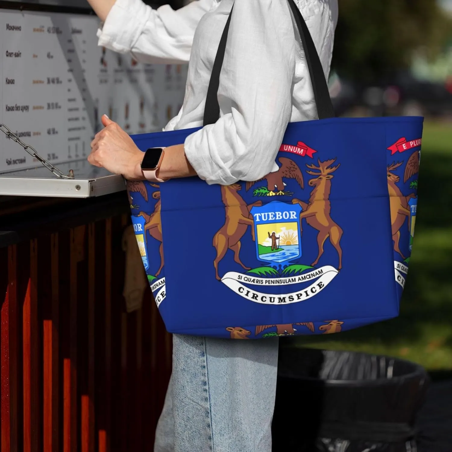 Michigan State Flag Beach Tote Bags For Women Travel Totes Bag Handbag With Zipper And Pockets For Travel Vacation