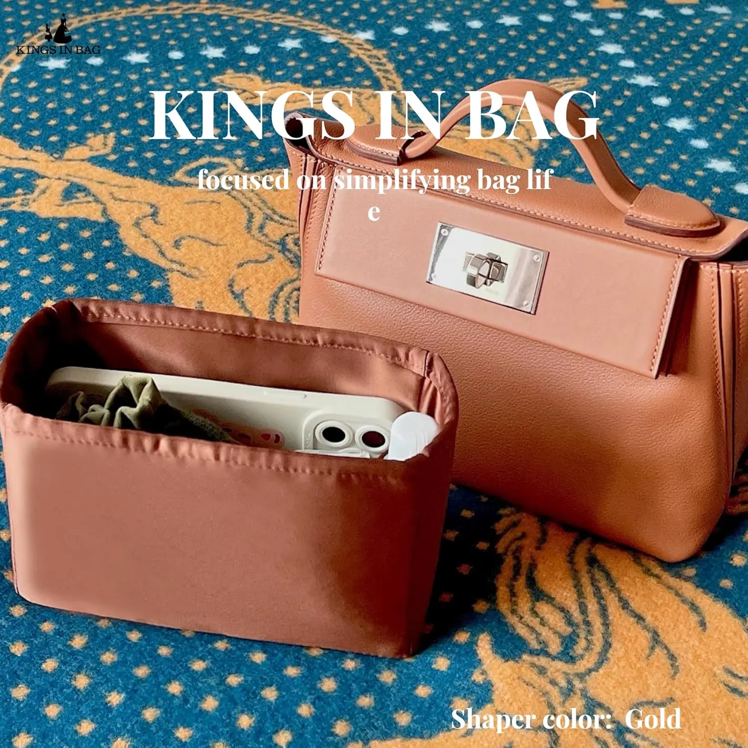 Mini 2424 Bag Silky Insert, Luxury Bags Storage with Satin Material, Compatible with Hermes 2424 Bags, Inner Bag for Luxury Purse with Multiple Pockets (Gold, 2424mini)