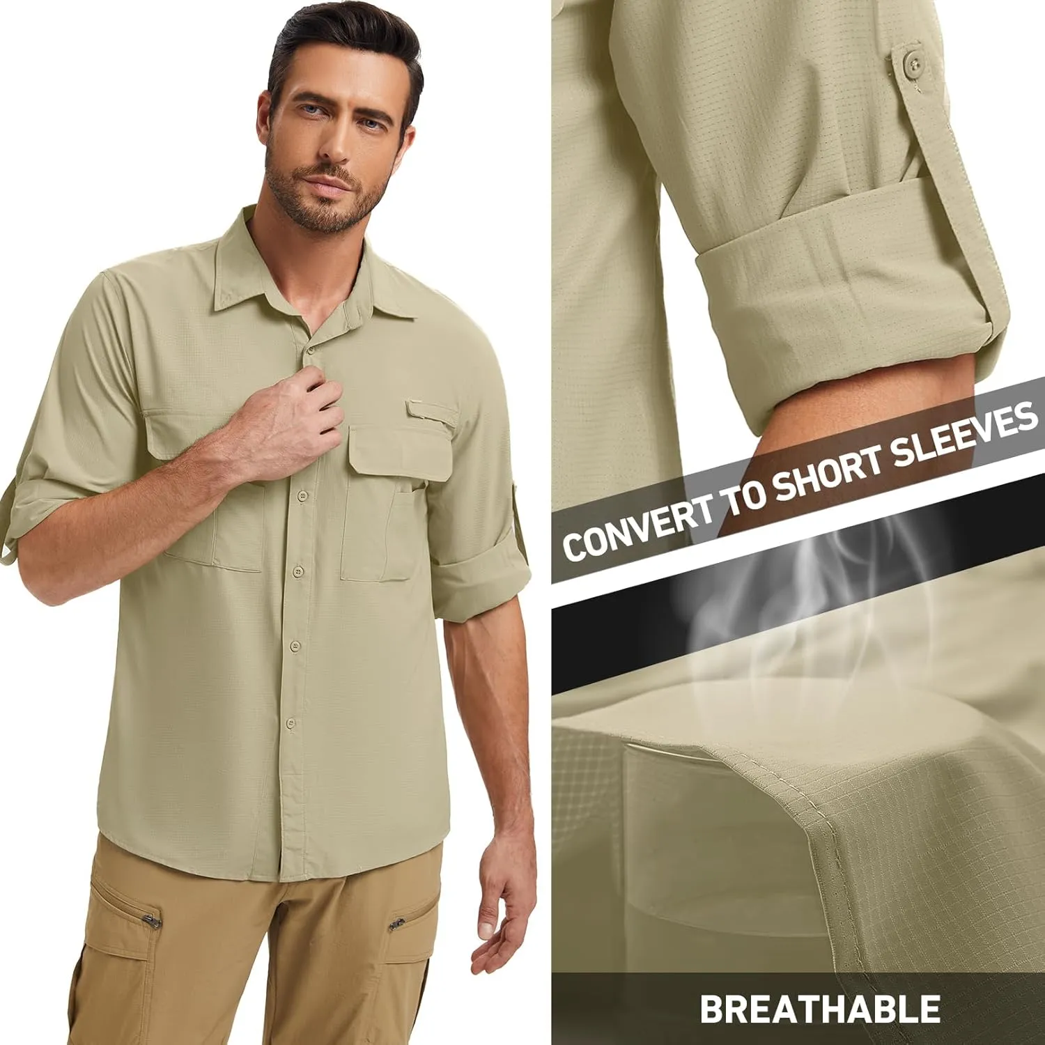 mixtiq Men’s Safari Sun UV Protection Shirts Loog Sleeve UPF 50  Quick Dry Lightweight Cooling Hiking Fishing Camping Shirts