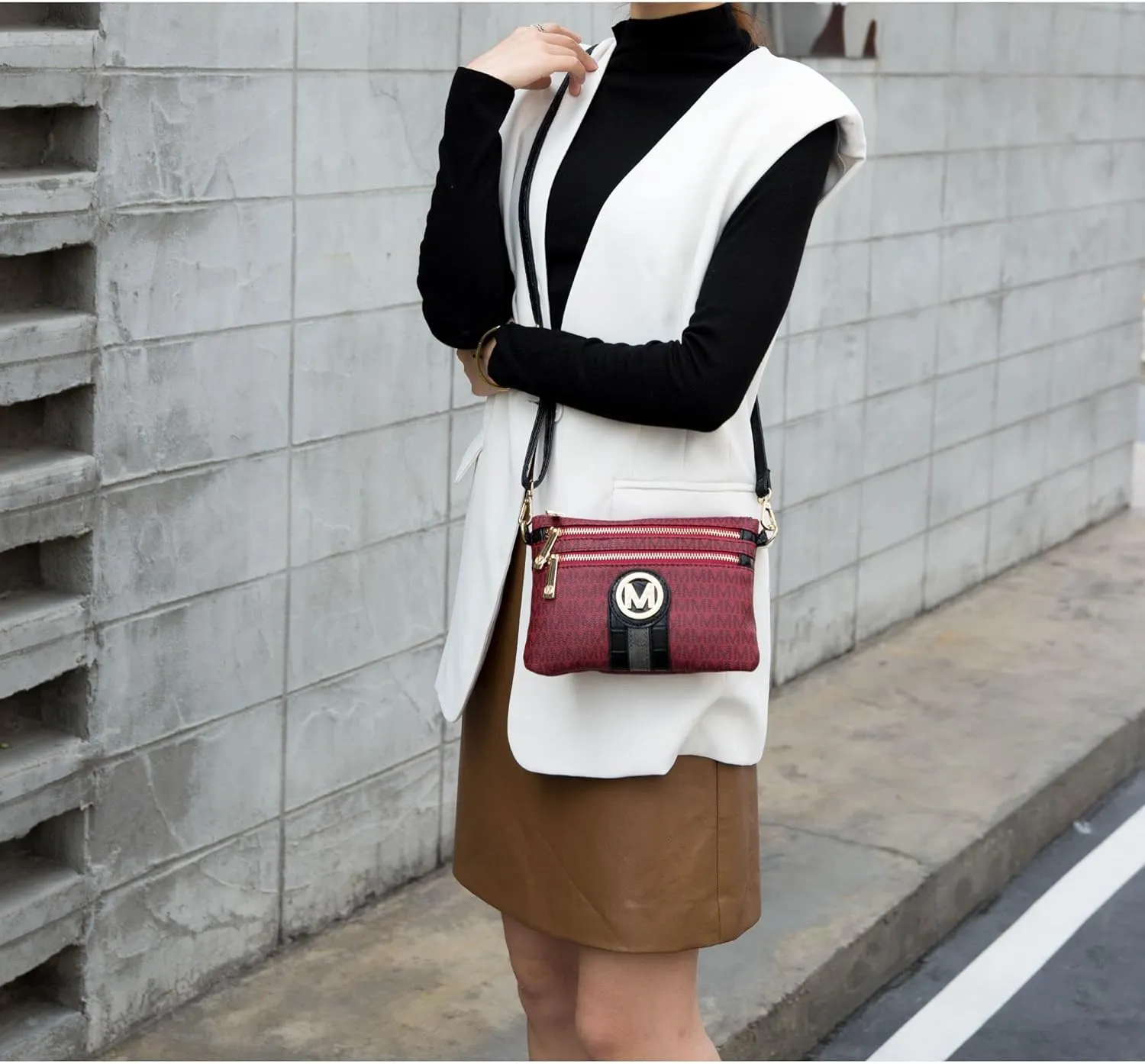MKF Crossbody Bag for Women, Wristlet Strap – PU Leather Shoulder Handbag – Small Pocketbook Messenger Purse Black