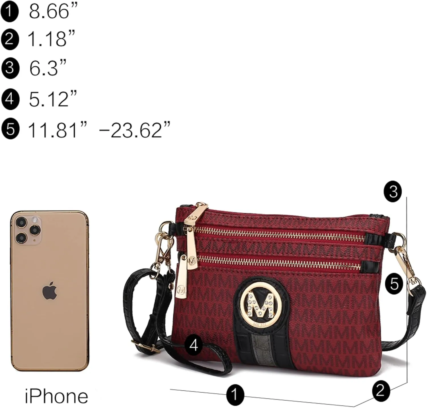 MKF Crossbody Bag for Women, Wristlet Strap – PU Leather Shoulder Handbag – Small Pocketbook Messenger Purse Black