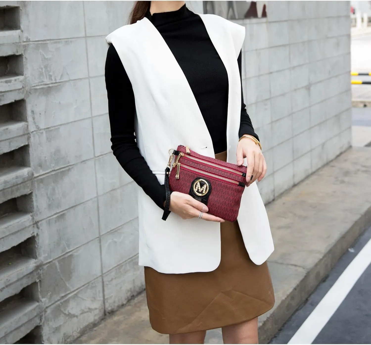 MKF Crossbody Bag for Women, Wristlet Strap – PU Leather Shoulder Handbag – Small Pocketbook Messenger Purse Black