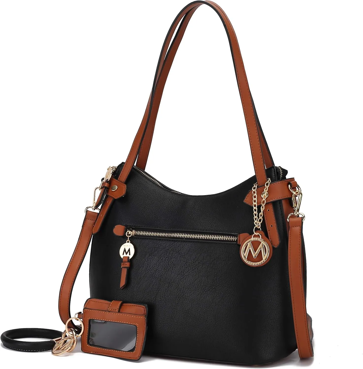 MKF Set, Hobo Bag for Women, Keychain Bracelet Ring & Card Holder Purse – PU Leather Shoulder Handbag Crossbody Strap