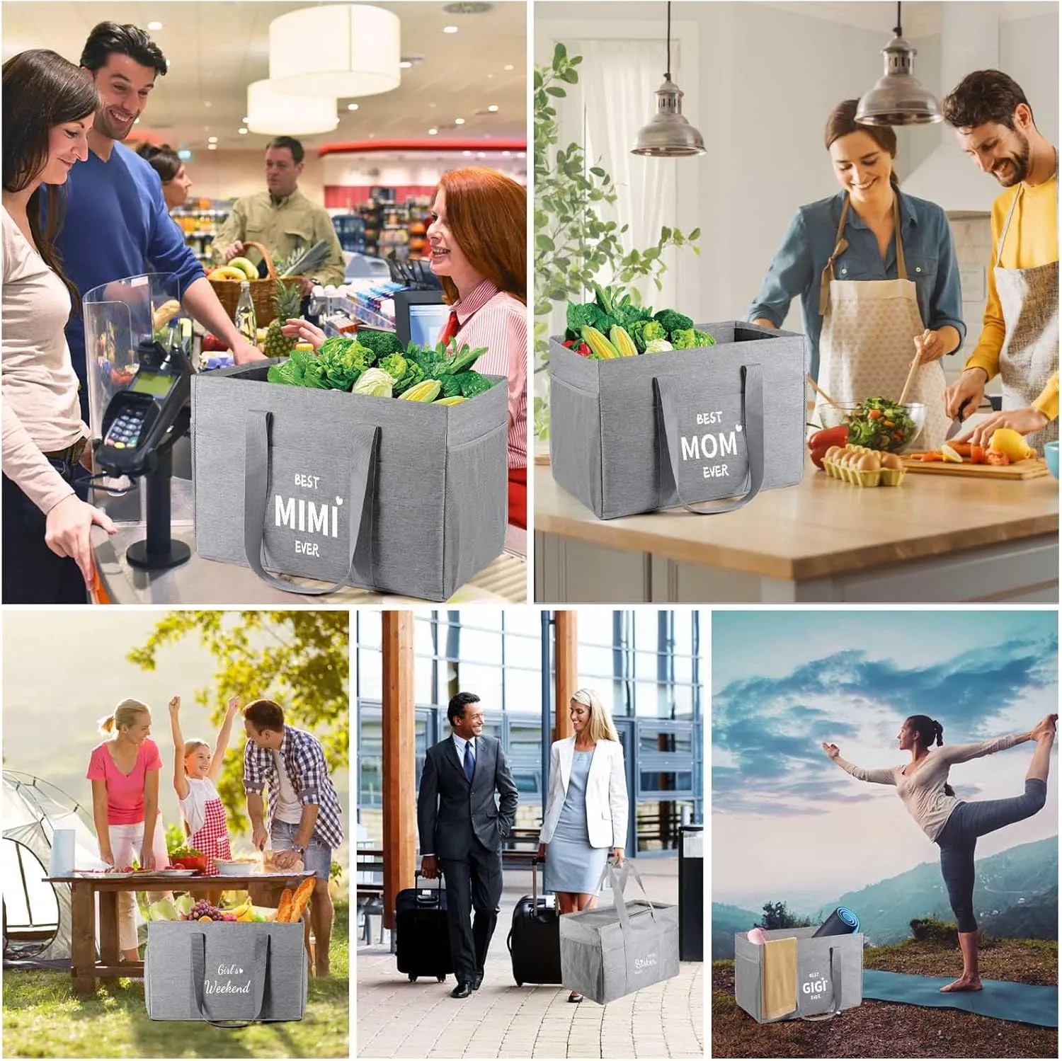 Mother's Day Gifts, Large Utility Tote Bag for Women Foldable Reusable Grocery Shopping Bags with 6 Pockets
