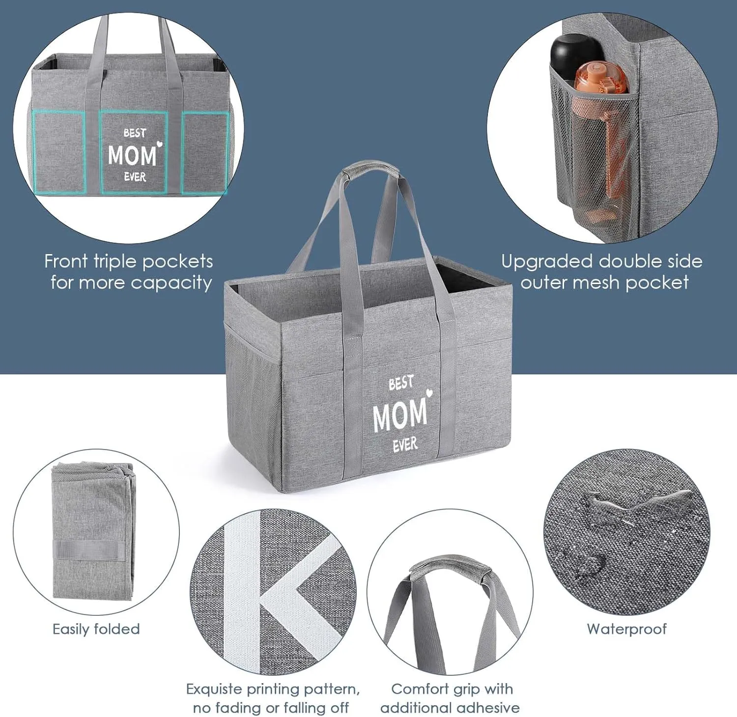 Mother's Day Gifts, Large Utility Tote Bag for Women Foldable Reusable Grocery Shopping Bags with 6 Pockets