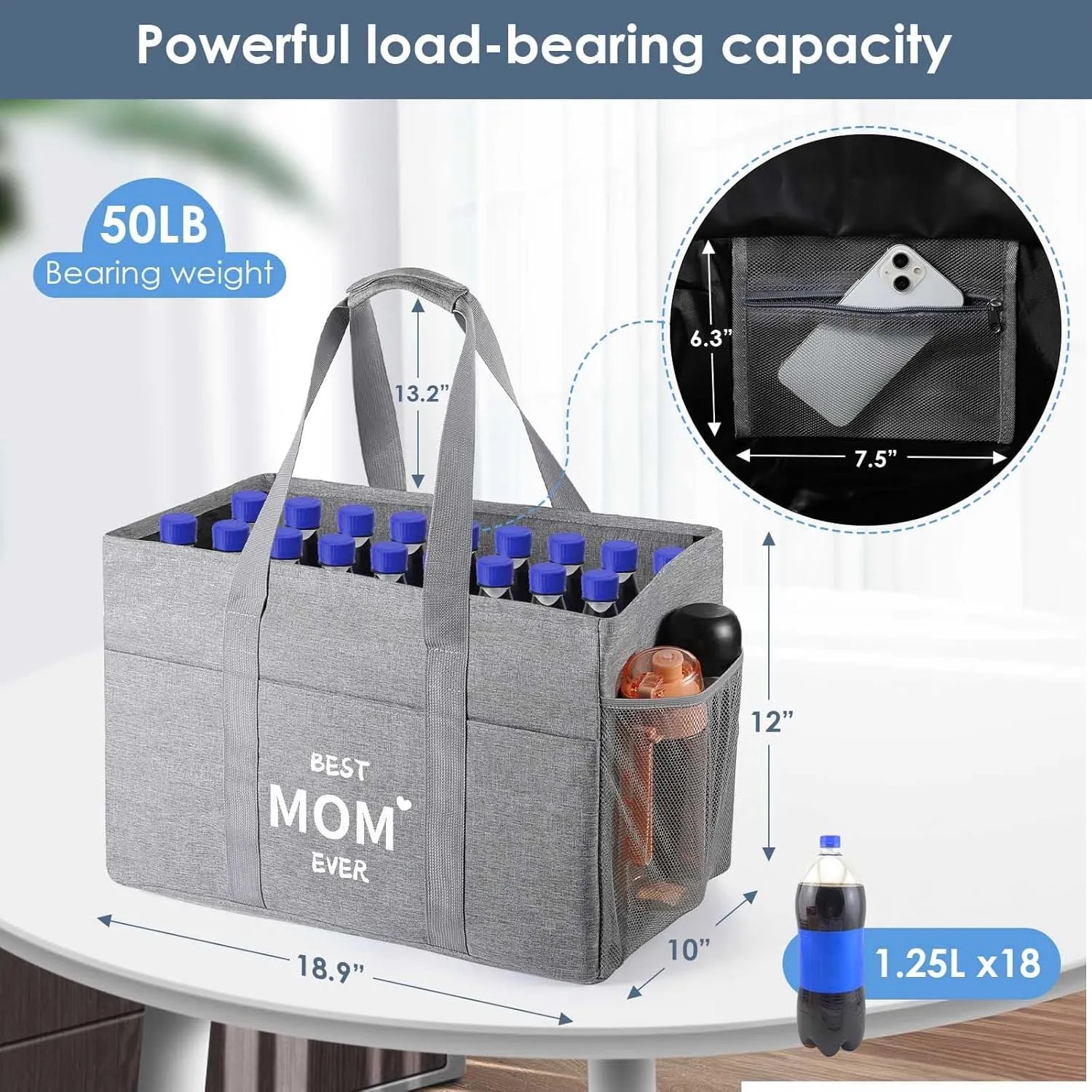 Mother's Day Gifts, Large Utility Tote Bag for Women Foldable Reusable Grocery Shopping Bags with 6 Pockets