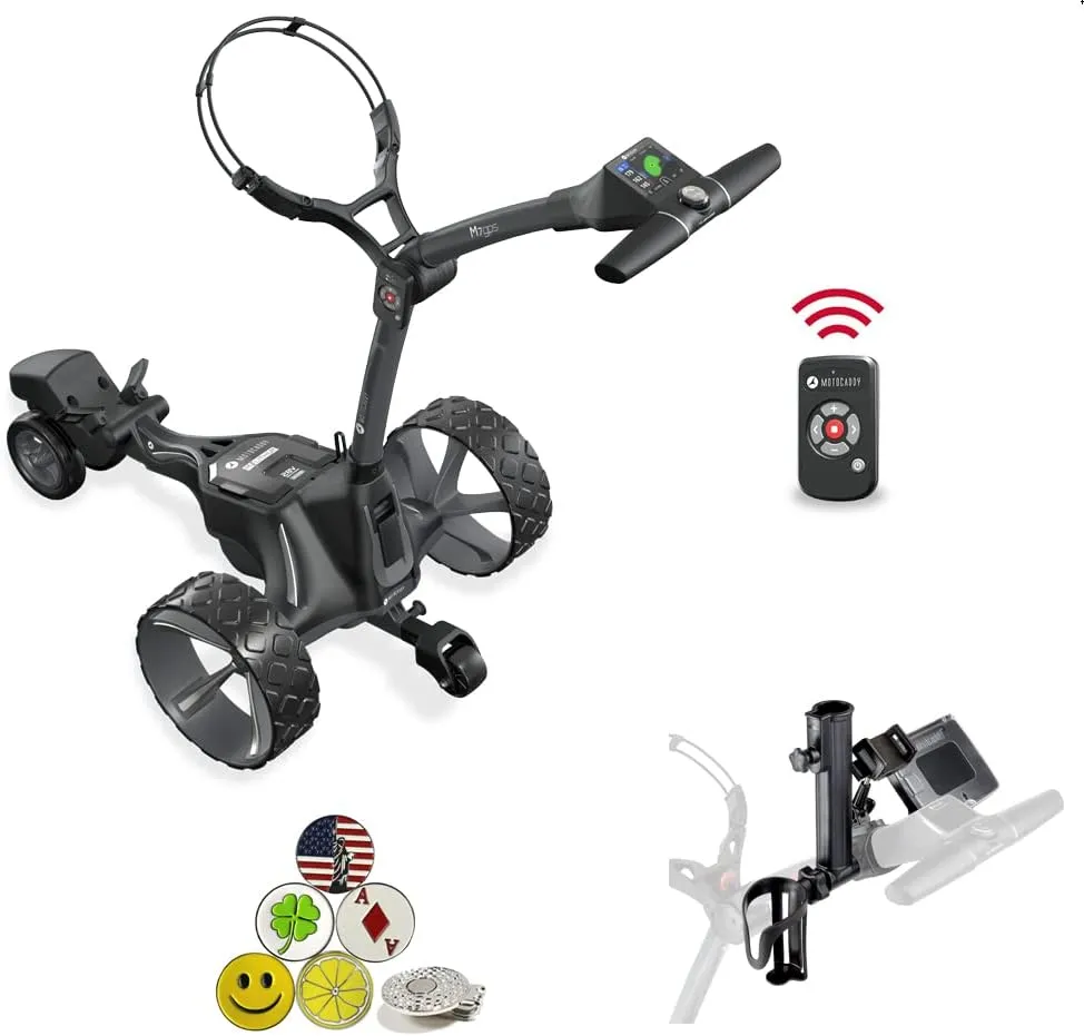 Motocaddy M7 GPS Remote Controlled Touchscreen Electric Golf Caddy with 3.5" LCD, Umbrella/Scorecard/Drink Holders, Device Cradle, 5 Ball Markers, Magnetic Hat Clip