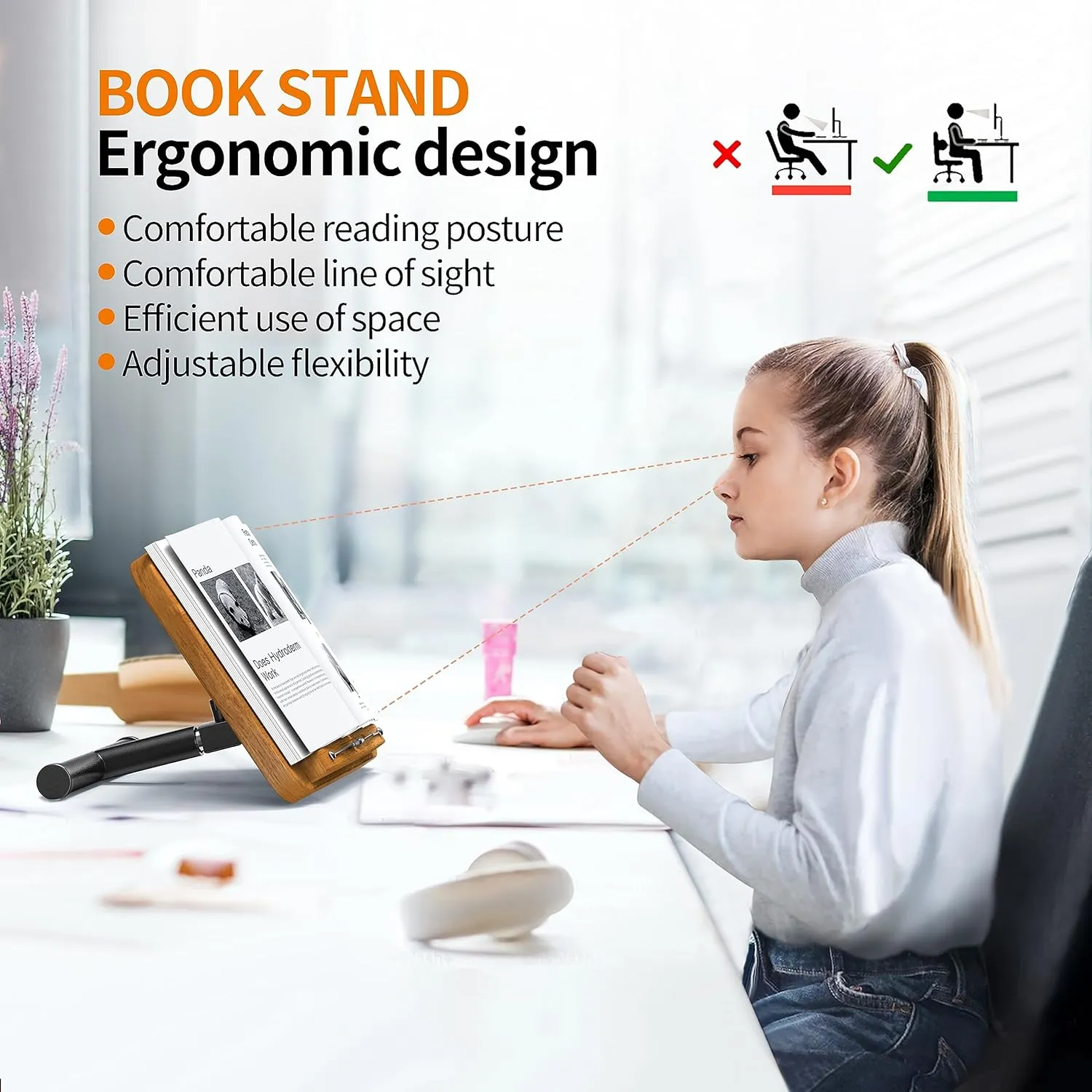 NAMON 2 in 1 Dual-use Floor Book Stand & Desktop Book Stand, 100% Solid Wood and Metal Build, Height Adjustable from 16.5-51in, Floor Holder Stand with Page Paper Clip for Cookbooks, Sheet Music, etc.