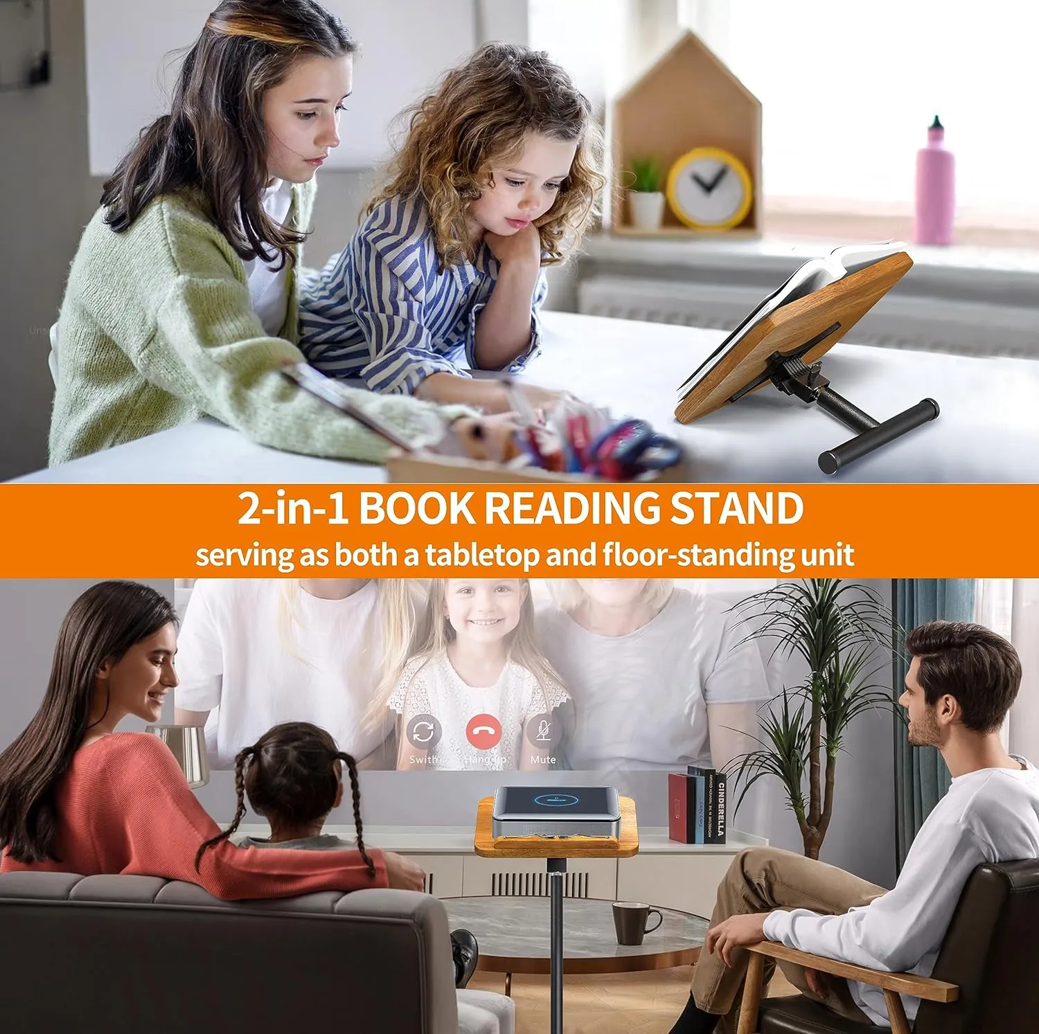 NAMON 2 in 1 Dual-use Floor Book Stand & Desktop Book Stand, 100% Solid Wood and Metal Build, Height Adjustable from 16.5-51in, Floor Holder Stand with Page Paper Clip for Cookbooks, Sheet Music, etc.
