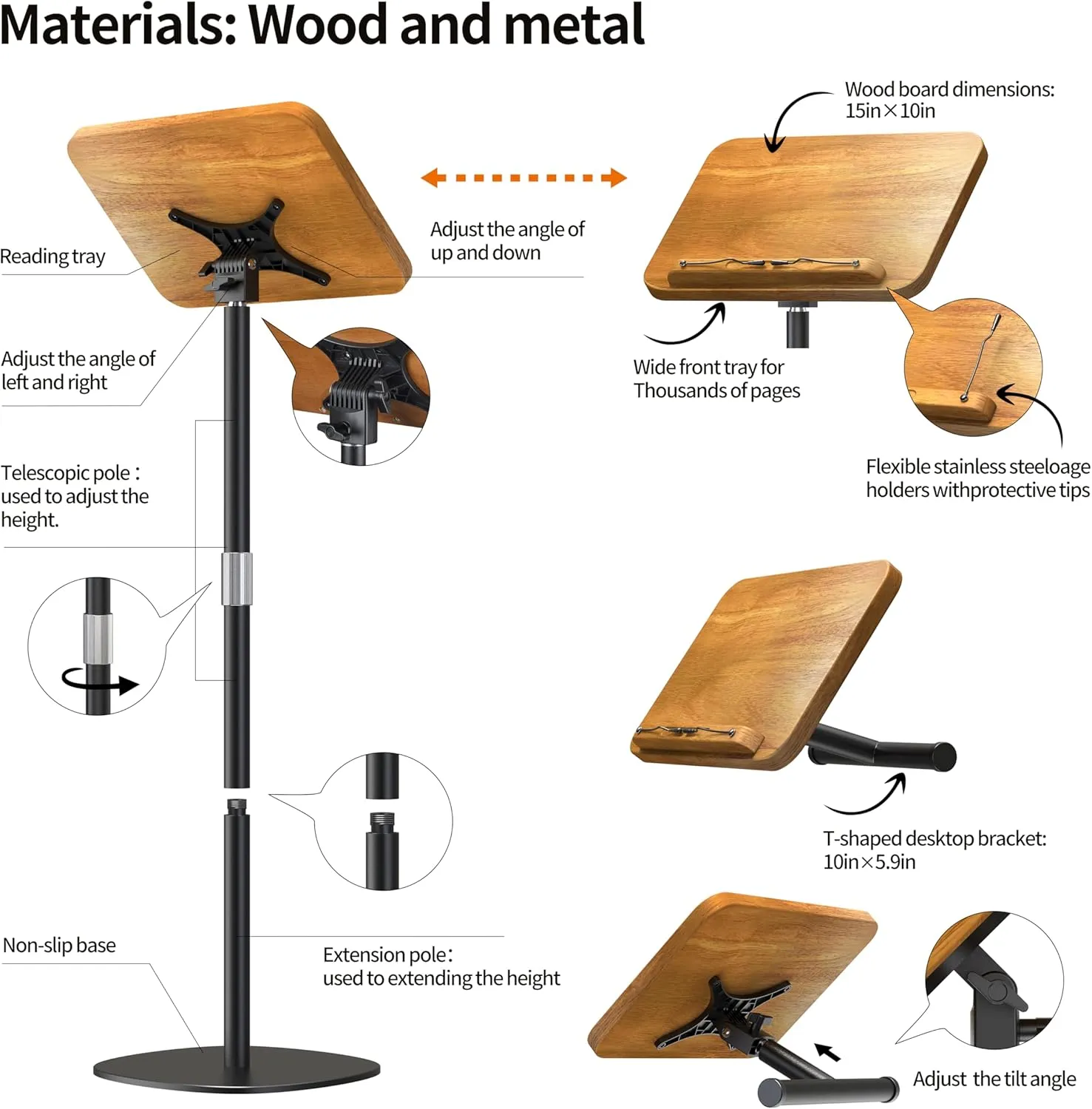 NAMON 2 in 1 Dual-use Floor Book Stand & Desktop Book Stand, 100% Solid Wood and Metal Build, Height Adjustable from 16.5-51in, Floor Holder Stand with Page Paper Clip for Cookbooks, Sheet Music, etc.