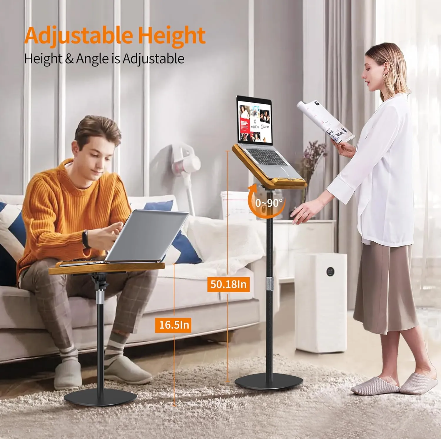 NAMON 2 in 1 Dual-use Floor Book Stand & Desktop Book Stand, 100% Solid Wood and Metal Build, Height Adjustable from 16.5-51in, Floor Holder Stand with Page Paper Clip for Cookbooks, Sheet Music, etc.