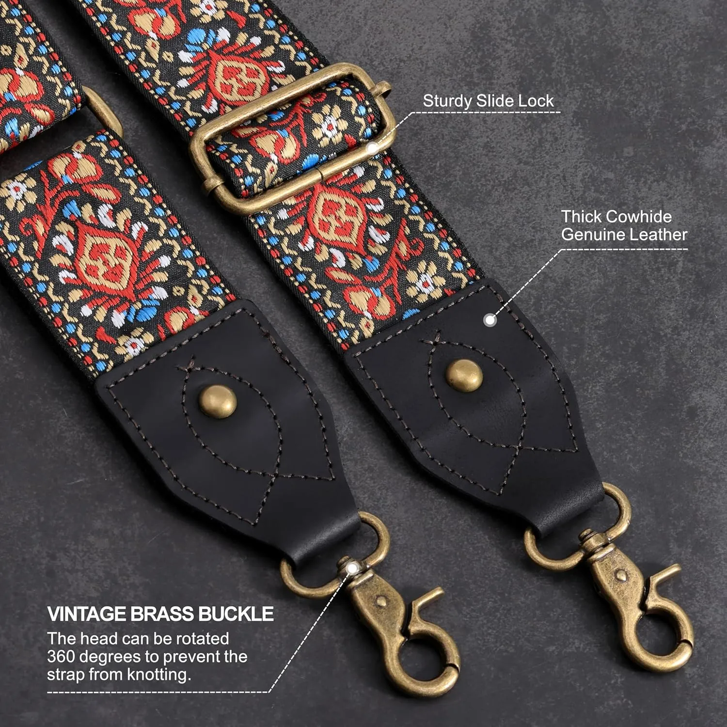 Nefelibata Purse Strap-2" Crazy Horse Leather Wide Shoulder Strap Adjustable Replacement,Retro knit Embroidery Multi-pattern Crossbody Bag Straps for Handbag,Crossbody Bags(Leather Red Embroidery)