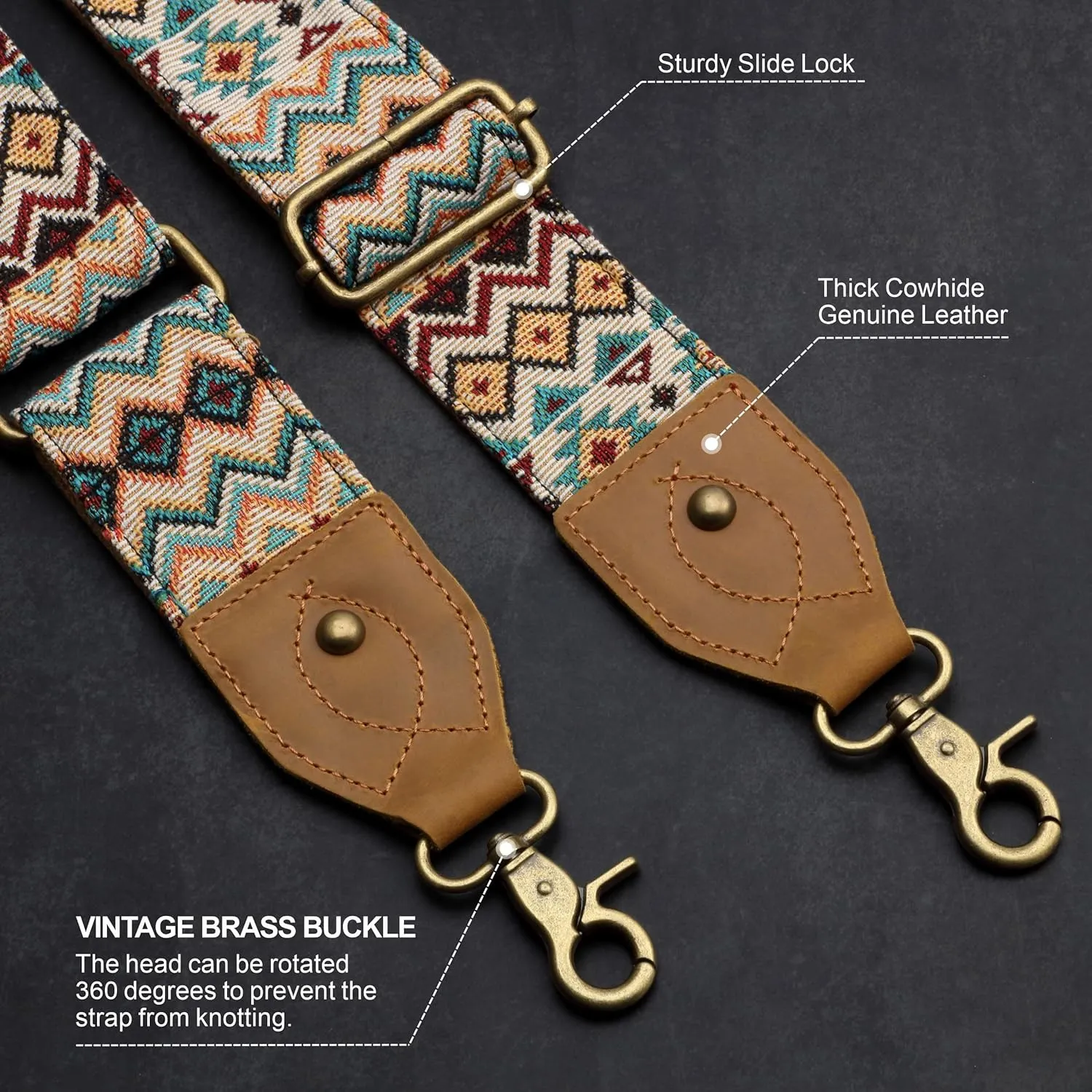 Nefelibata Purse Strap-2"Crazy Horse Leather Wide Shoulder Strap Adjustable Replacement,Retro Jacquard Embroidery Multi-pattern Crossbody Bag Straps for Handbag,Crossbody Bags,、(Ethnic style apricot)
