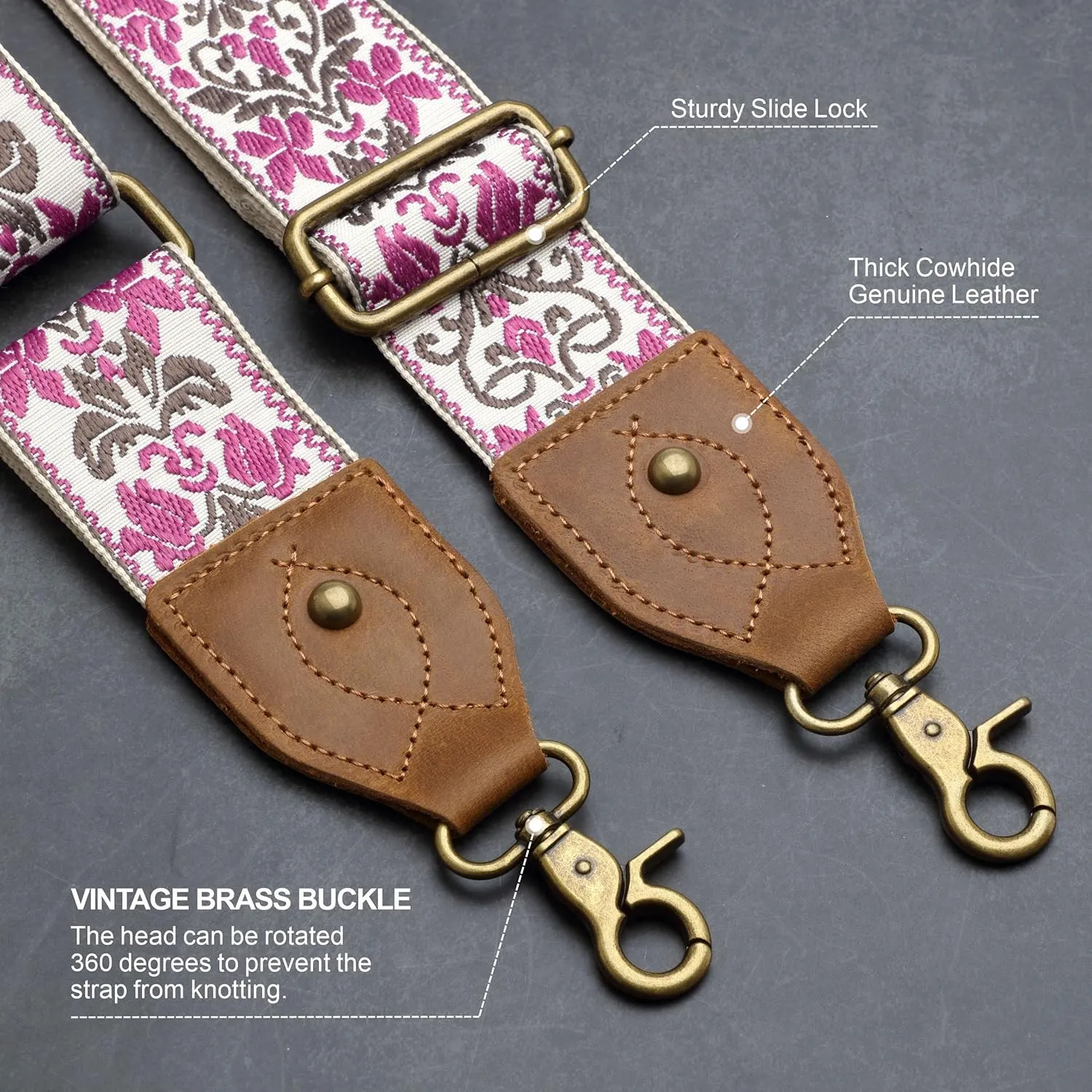 Nefelibata Purse Strap-2"Crazy Horse Leather Wide Shoulder Strap Adjustable Replacement,Retro Jacquard Embroidery Multi-pattern Crossbody Bag Straps for Handbag,Crossbody Bags(Purple Embroidery)