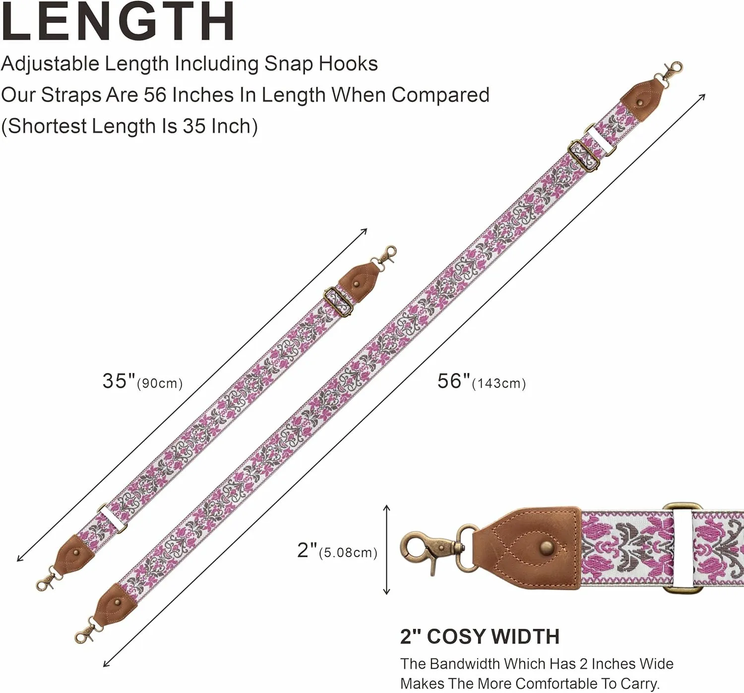 Nefelibata Purse Strap-2"Crazy Horse Leather Wide Shoulder Strap Adjustable Replacement,Retro Jacquard Embroidery Multi-pattern Crossbody Bag Straps for Handbag,Crossbody Bags(Purple Embroidery)