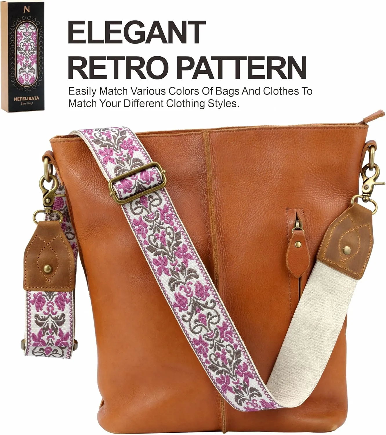 Nefelibata Purse Strap-2"Crazy Horse Leather Wide Shoulder Strap Adjustable Replacement,Retro Jacquard Embroidery Multi-pattern Crossbody Bag Straps for Handbag,Crossbody Bags(Purple Embroidery)