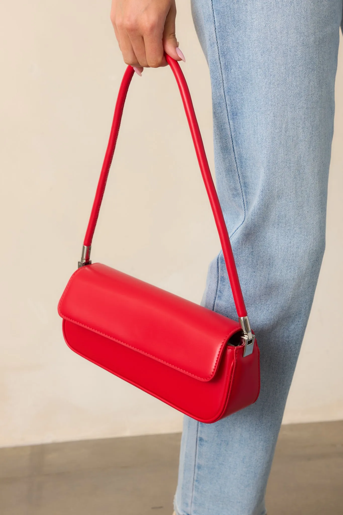 New York Nights Red Faux Leather Baguette Handbag