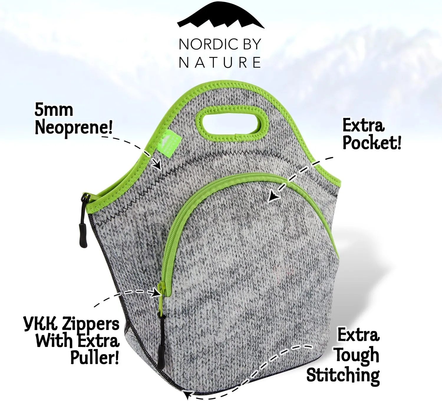 Nordic By Nature Insulated Neoprene Lunch Bag, Soft & Foldable Washable & Reusable Extra-Pocket (L) Gray Melange