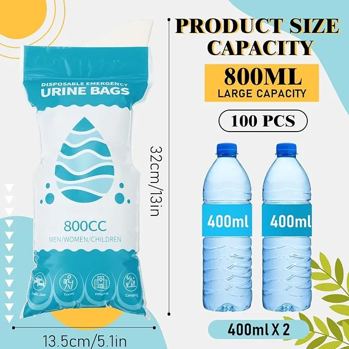 Nuogo 100 Pcs 800 CC Disposable Urine Bags Portable Pee Bag Urine Bags for Women Travel Emergency Urinal Bags for Men Women Kids Traffic Jams Camping Hiking