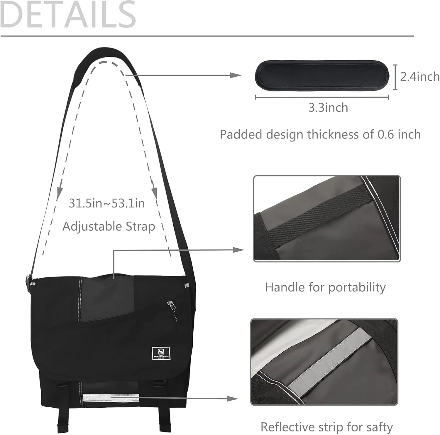 OIWAS 15.6 Inch Messenger Bag for Men Crossbody Laptop Satchel Bag Men Shoulder Bags Briefcase Computer Bag Large Work Travel College Black