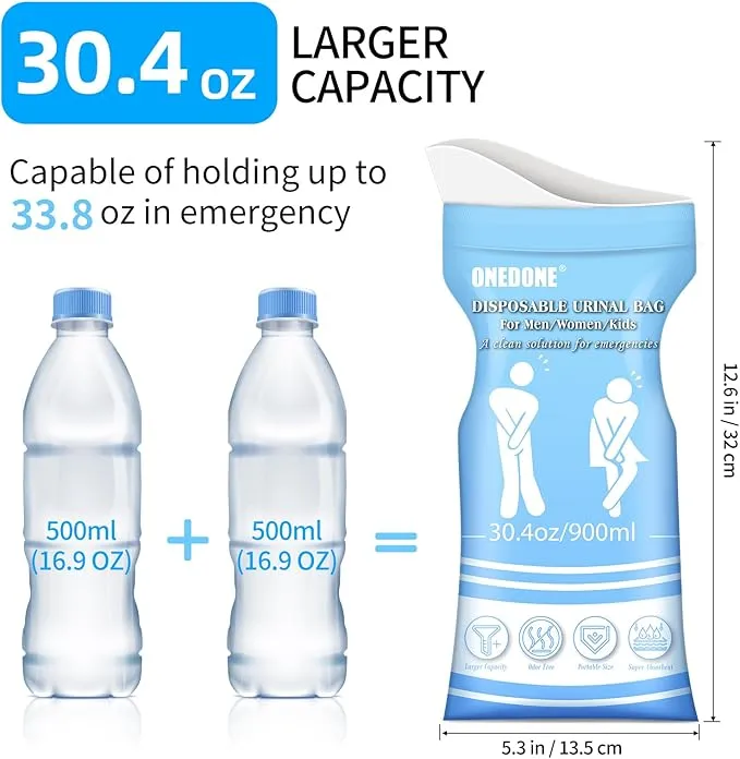 ONEDONE Disposable Urine Bags 6/8/12/24 30.4 OZ Pee Bags for Travel for Men Women Kids Emergency Urine Bags Portable Unisex Urinal Bags Vomit Bags for Traffic Jams Camping Hiking