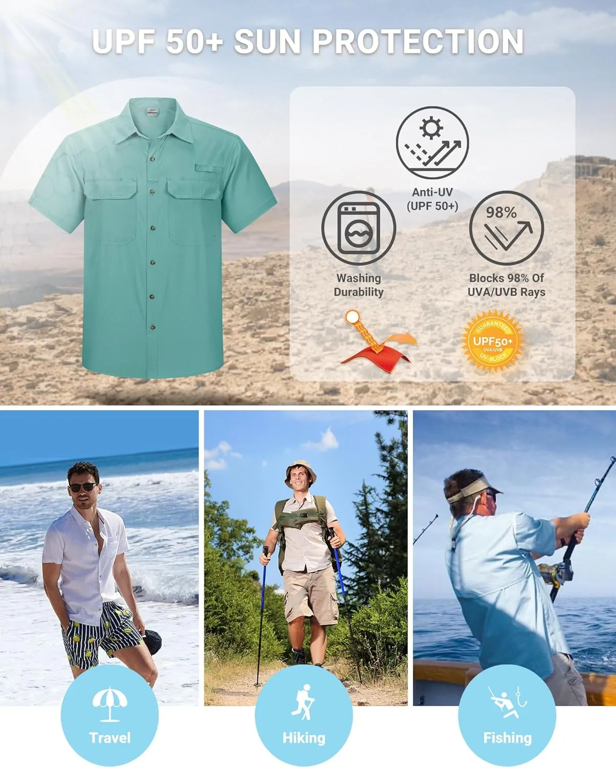 Outdoor Ventures Men's Lightweight Short Sleeve Fishing Shirt UPF 50 Button Down Quick Dry Cooling Hiking Travel Safari Shirt