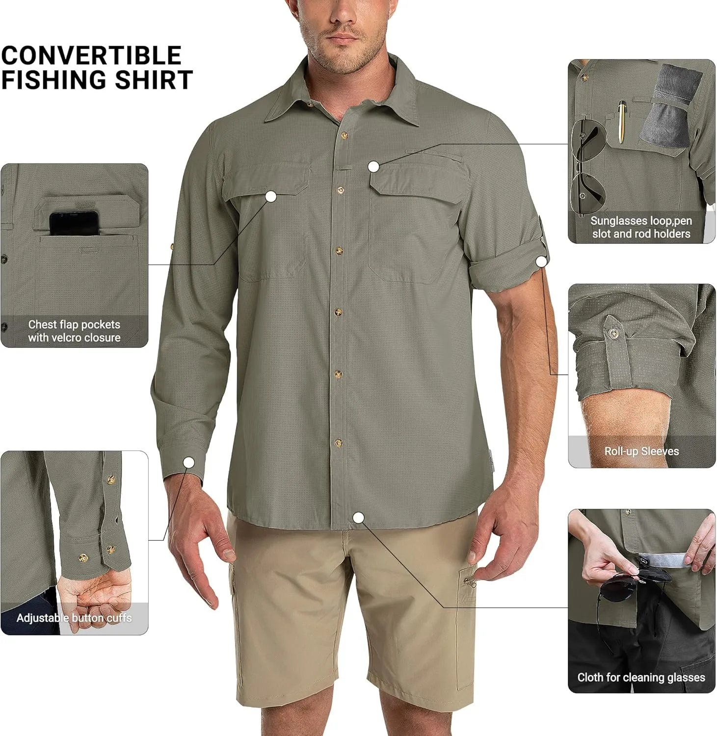 Outdoor Ventures Men's UPF 50  UV Sun Protection Shirt, Long Sleeve Hiking Fishing Shirt Cooling Quick Dry for Safari Travel