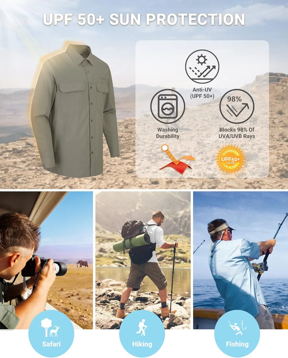 Outdoor Ventures Men's UPF 50  UV Sun Protection Shirt, Long Sleeve Hiking Fishing Shirt Cooling Quick Dry for Safari Travel
