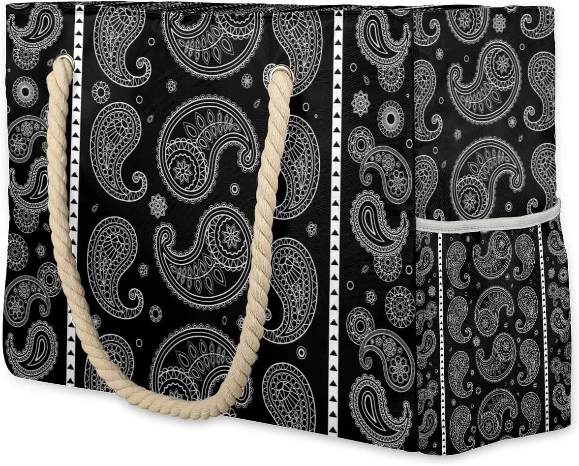 Paisley Black Large Beach Tote Bag Women Waterproof Sandproof Zipper Retro Paisley Beach Bag for Pool Gym Grocery Travel with Wet Pocket