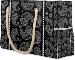 Paisley Black Large Beach Tote Bag Women Waterproof Sandproof Zipper Retro Paisley Beach Bag for Pool Gym Grocery Travel with Wet Pocket