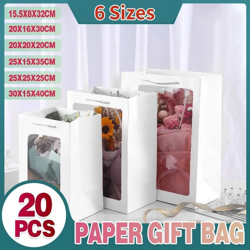Paper Gift Bags with Clear Window 20PCS 5Sizes White