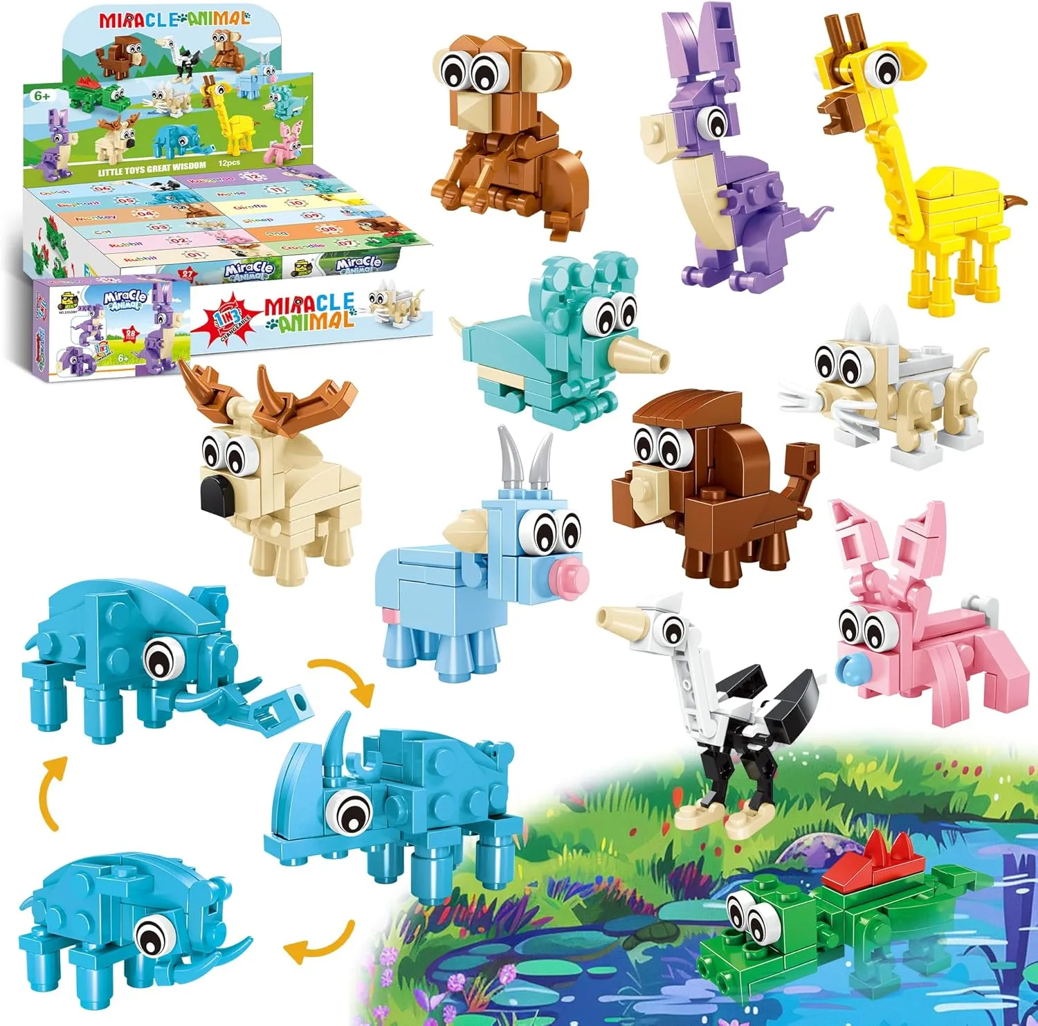 Party Favors for Kids - 12 Pack 36 Kinds of Animals Building Block Toy Stocking Stuffers Classroom Prizes Goodie Bags Easter Gifts Building Set, Christmas Birthday Gift for Boys Girls Ages 6-12 