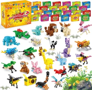Party Favors for Kids - 24 Pack 72 Kinds of Animals Building Block Toy Goodie Bags Fillers Classroom Carnival Prizes Stuffers Gifts Building Set, Christmas Birthday Gift for Boys Girls Ages 6-12
