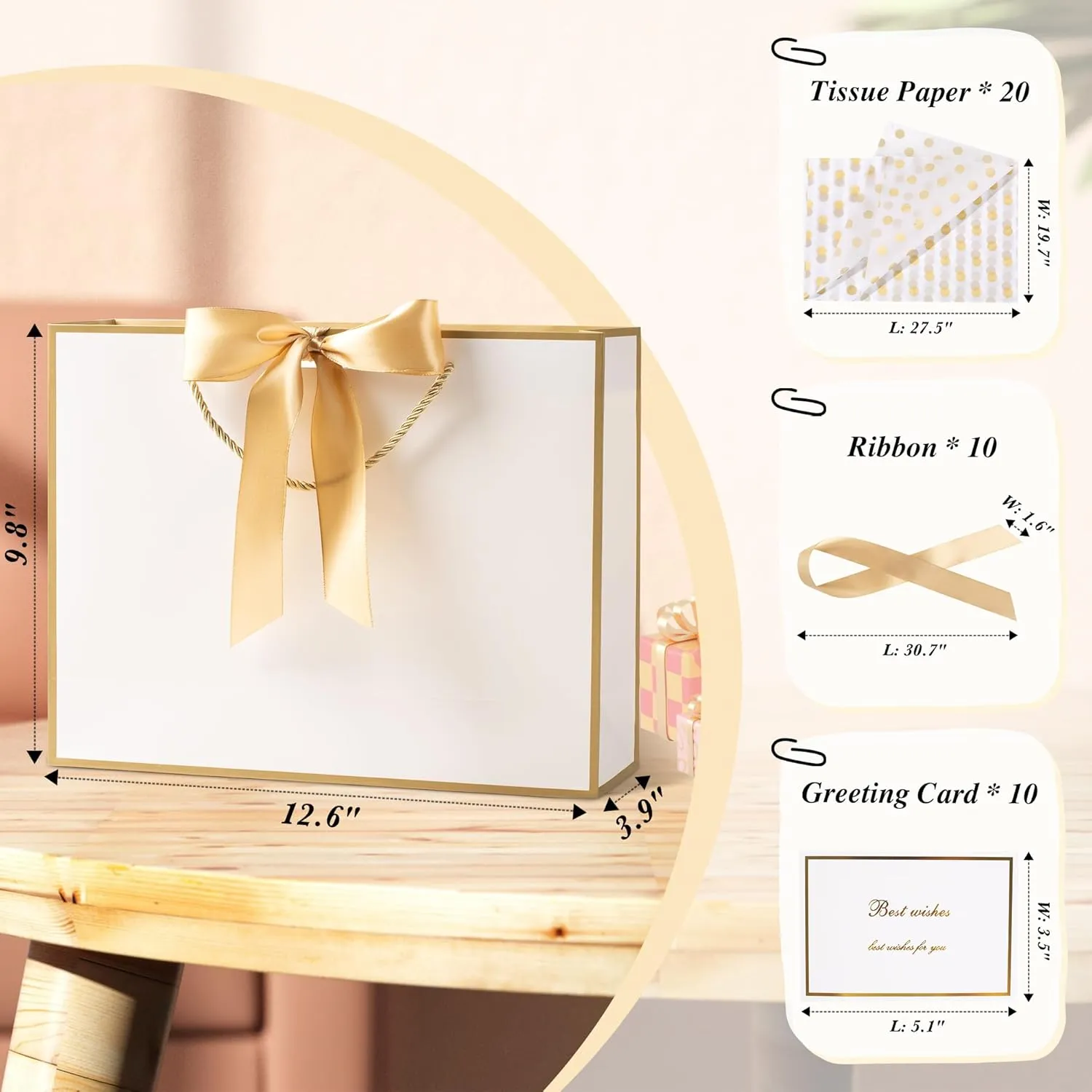 PASEOTA 12.6" Gift Bags with Bow Ribbon, 10 Pcs Gift Bags with 20 Tissue Paper 10 Greeting Cards, Luxury Bag with Handles for Anniversary Presents Bridesmaid Birthday Party (White Gold)