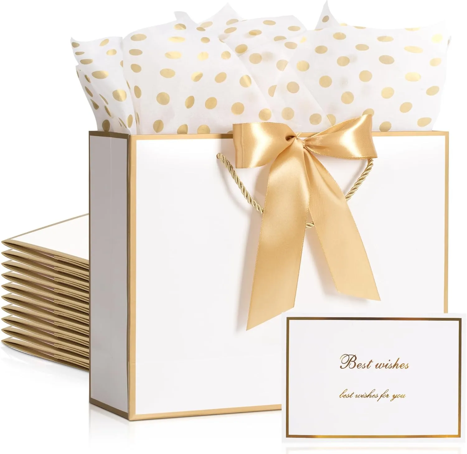 PASEOTA 12.6" Gift Bags with Bow Ribbon, 10 Pcs Gift Bags with 20 Tissue Paper 10 Greeting Cards, Luxury Bag with Handles for Anniversary Presents Bridesmaid Birthday Party (White Gold)
