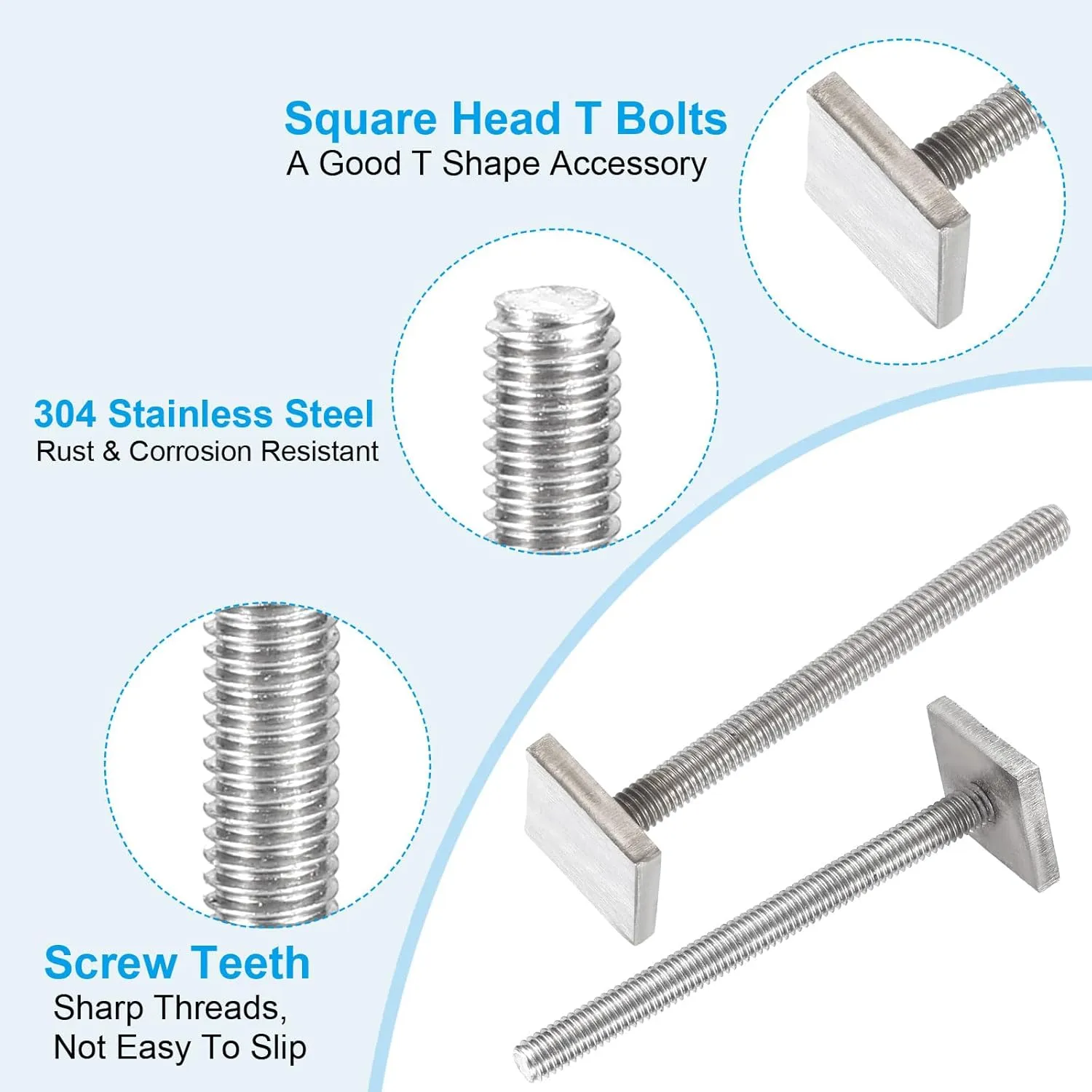 PATIKIL T Slot Bolts M6 x 65mm, 8 Set Square Head T Bolts Roof Rack Stainless Steel T Track Bolts with Nut Washers for Bike Ski Kayak Rack