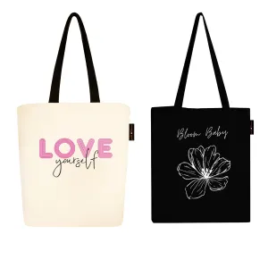 Peach Blossom Women's Cotton Printed Tote Bag With Zipper and Pouch | Pack Of 2 Combo