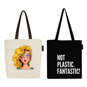 Peach Blossom Women's Cotton Printed Tote Bag With Zipper and Pouch | Pack Of 2 Combo