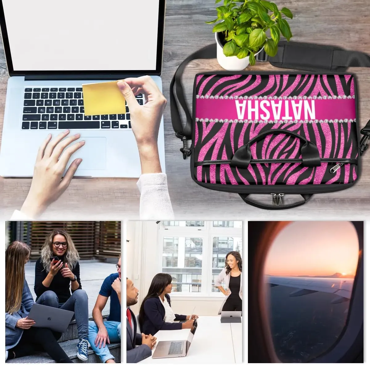 Personalized Laptop Bag Case Briefcases Shoulder Bag for Women, Custom Computer Cases for Laptops Hot Pink Flower