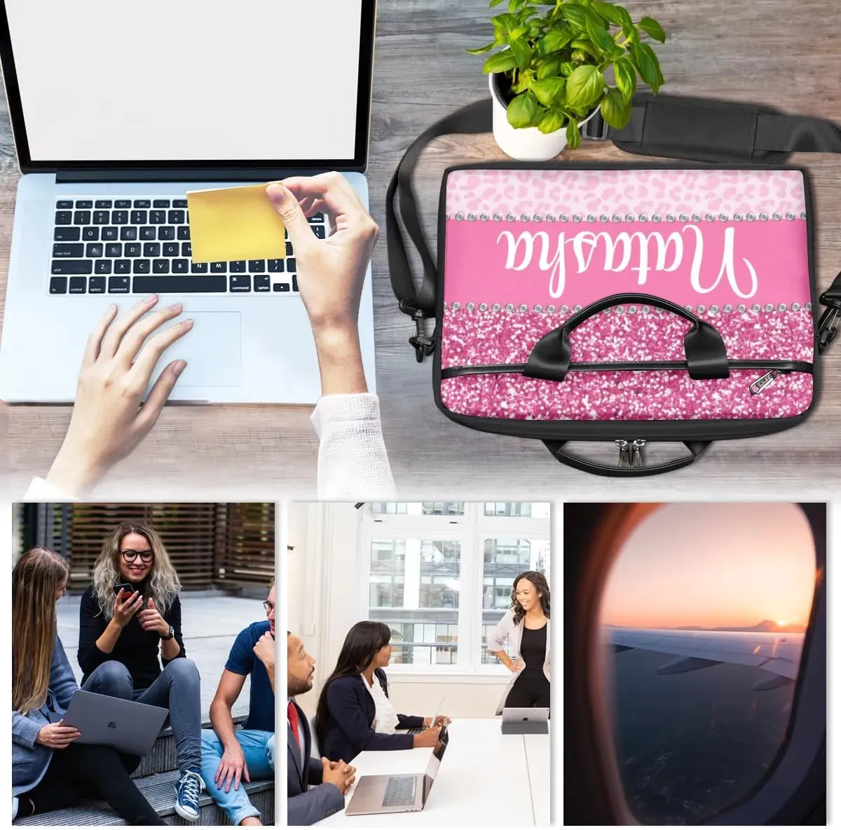 Personalized Laptop Bag Case Briefcases Shoulder Bag for Women, Custom Computer Cases for Laptops Hot Pink Flower