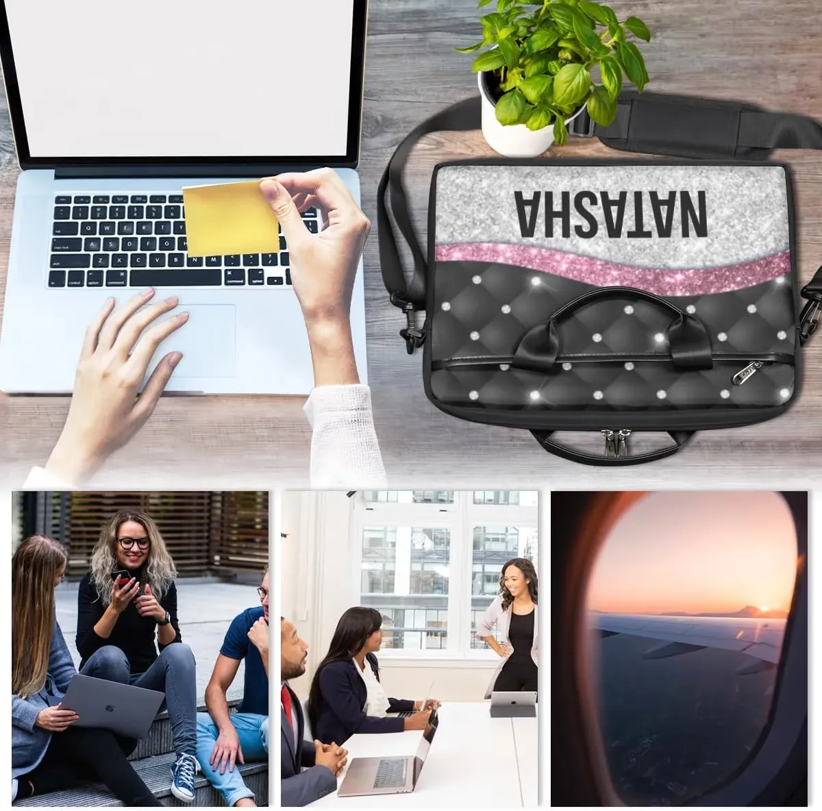 Personalized Laptop Bag Case Briefcases Shoulder Bag for Women, Custom Computer Cases for Laptops Hot Pink Flower