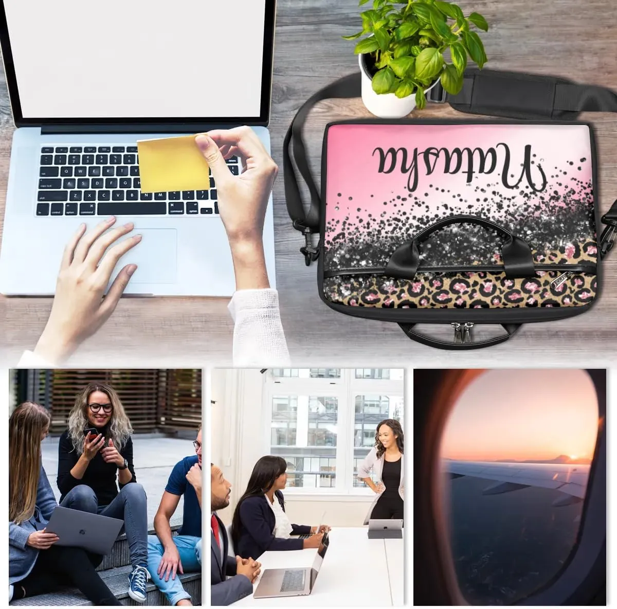 Personalized Laptop Bag Case Briefcases Shoulder Bag for Women, Custom Computer Cases for Laptops Hot Pink Flower