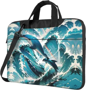 Personalized Laptop Bag for Men Women 15.6 inch, Custom Laptop Shoulder Bag, Customized Computer Bag Messenger Cases Briefcases for Office Travel Business, Cute Dolphins Leap Out Sea