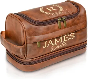 Personalized Toiletry Bag for Men, Custom Leather Travel Cosmetic Shave Hygiene Dopp Kit, Engraved with Pattern and Text, Gifts for Him, Groomsmen, Birthday, Anniversary, Graduation, Christmas
