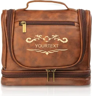Personalized Toiletry Bag for Men, Gifts for Men, Him, Custom Leather Handcrafted Hanging Travel Dopp Kit Shaving Bathroom Organizer Cosmetic Bags with Hook, Engraved with Name & Initial