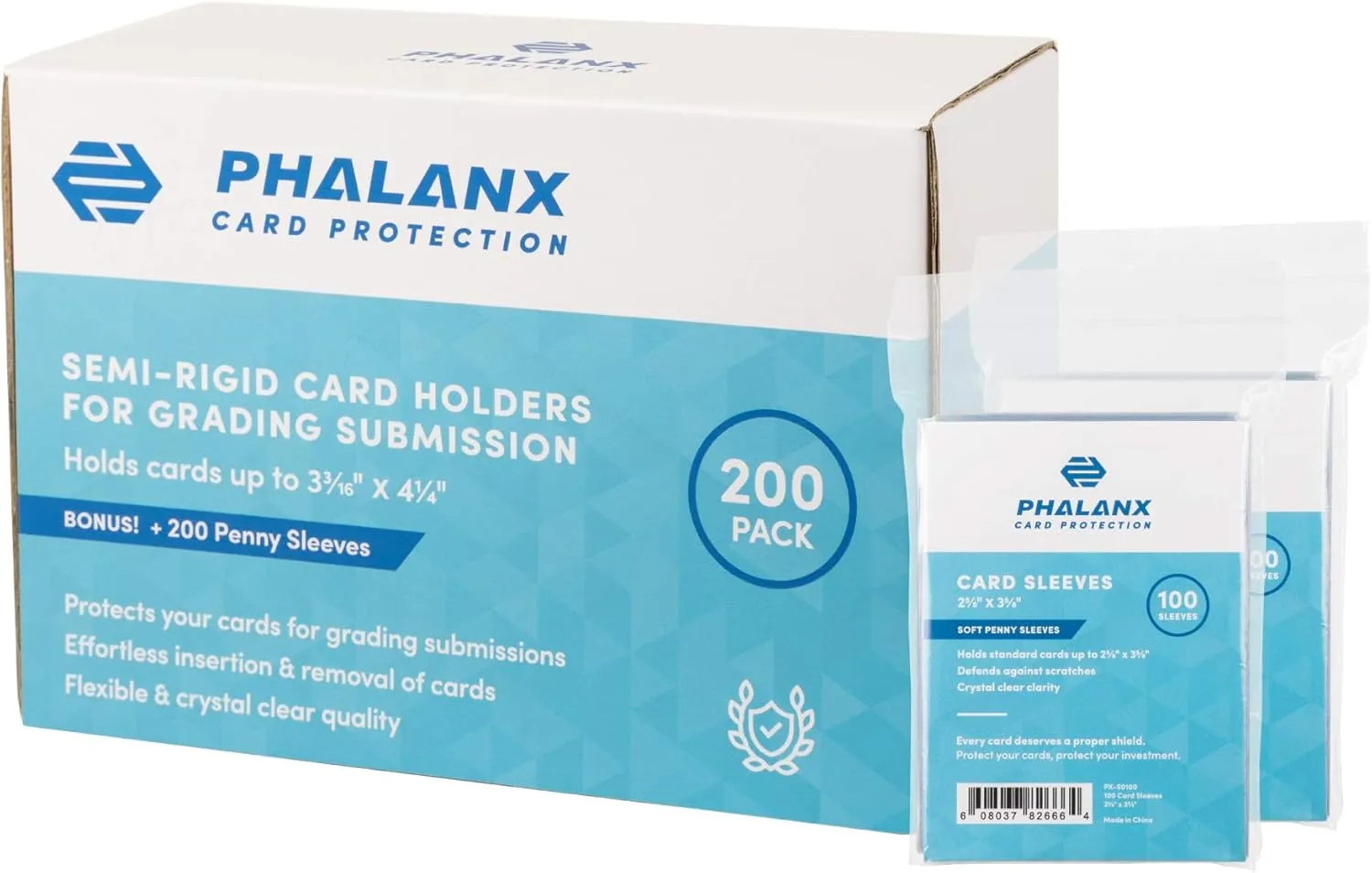 Phalanx Semi-Rigid Card Holder & Card Sleeves for Graded Card Submission (200 ct) Flexible Card Sleeves and Penny Sleeves for Trading and Sports Cards